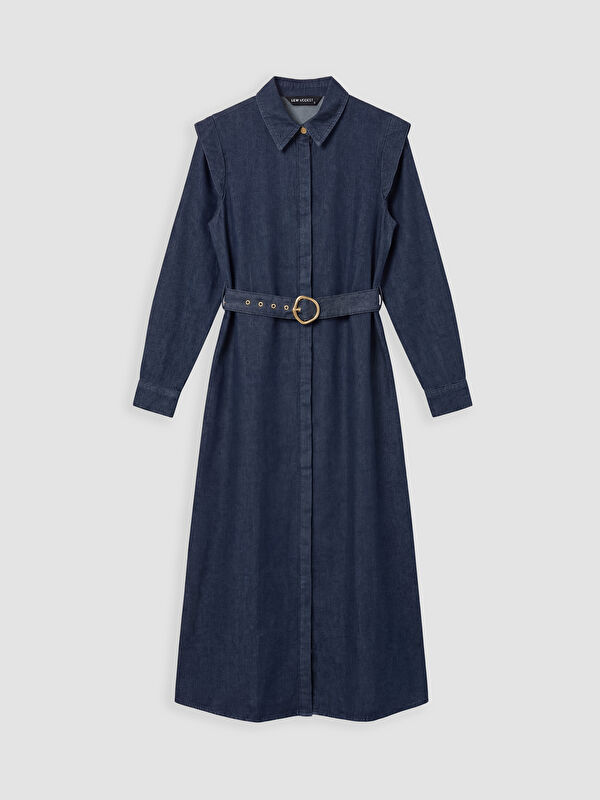 LCW Modest Женское джинсовое макси-платье с рубашечным воротником и поясом