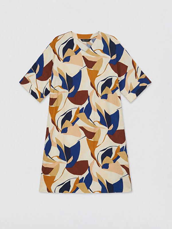 LCW Modest V Neck Patterned A Line Oversize Dress
