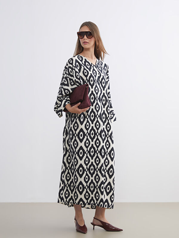 LCW Modest فستان عنق V منقوش فورم أوفرسايز