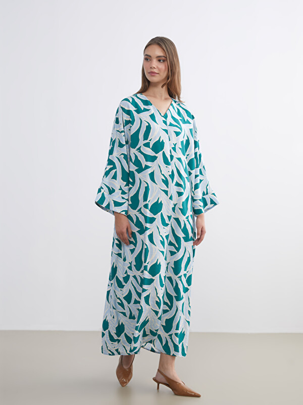 LCW Modest V Neck Patterned A Line Oversize Dress