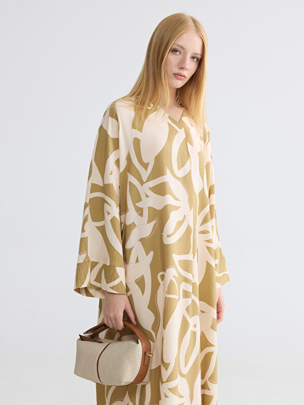 LCW Modest V Neck Patterned A Line Oversize Dress
