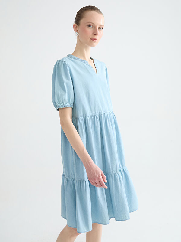 LCW Comfort ойық жағалы белі қынамалы деним көйлек