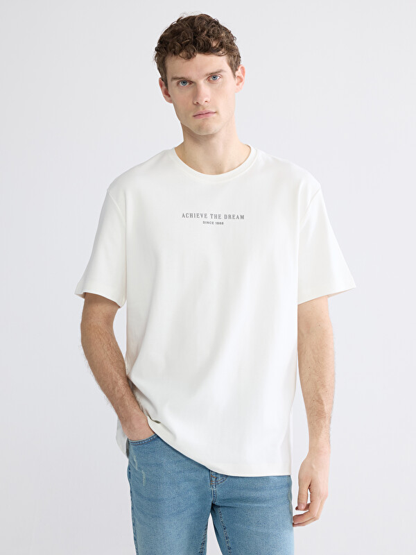 LCWAIKIKI Classic Oversize Fit Bisiklet Yaka Baskılı Erkek Tişört
