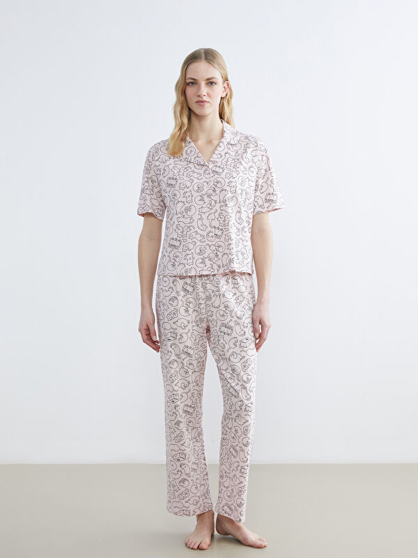 LCW DREAM Gömlek Yaka Kedi Baskılı Kadın Pijama Takım