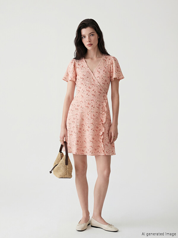 LCW Comfort Double Breasted Collar Floral Mini Dress