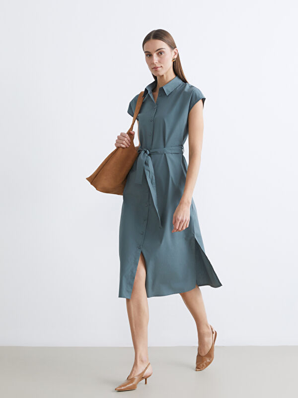 LCW Comfort White Belted Poplin Shirt Dress