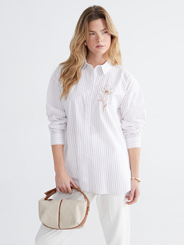 LCW Comfort Striped Floral Embroidered Poplin Women's Shirt