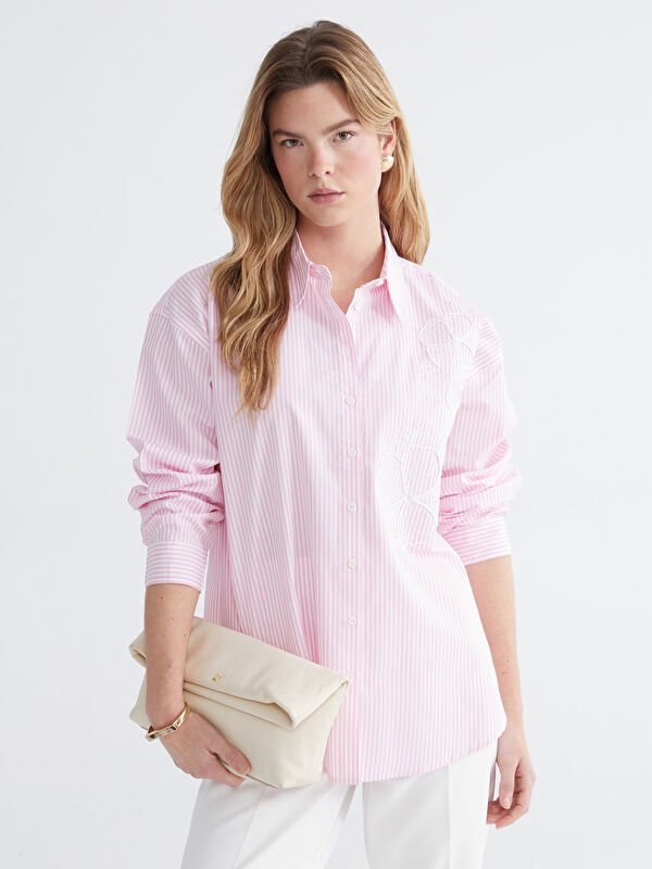 LCW Comfort Striped Poplin Shirt with Floral Embroidery