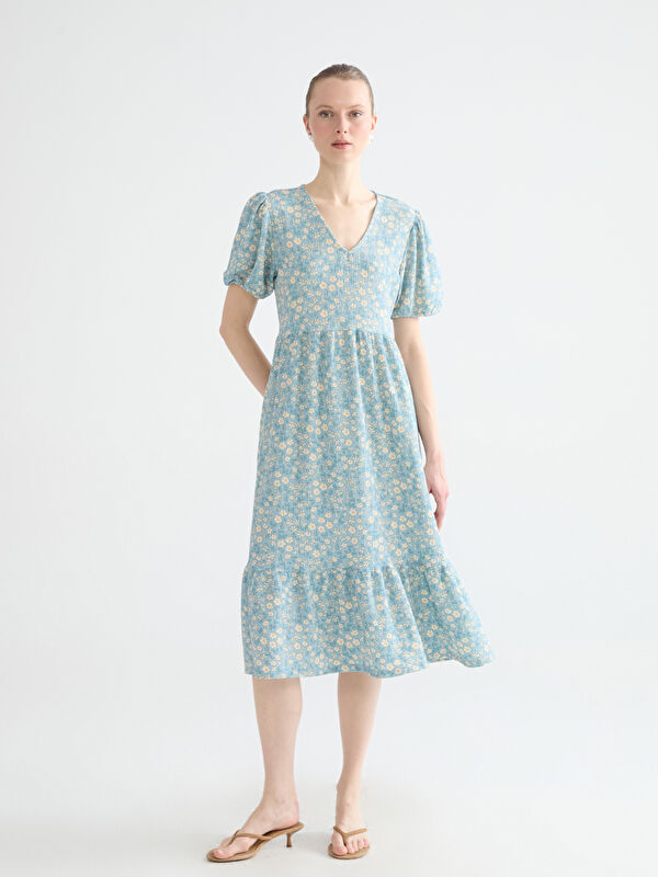 LCW Comfort V-Ausschnitt Blumiges Tailliertes Kleid