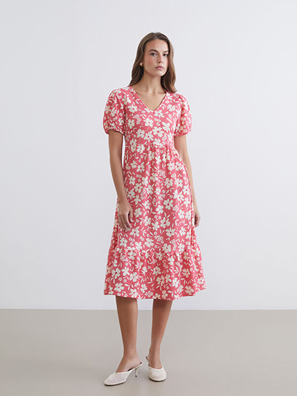 LCW Comfort V-Neck Floral Fitted Waist Dress
