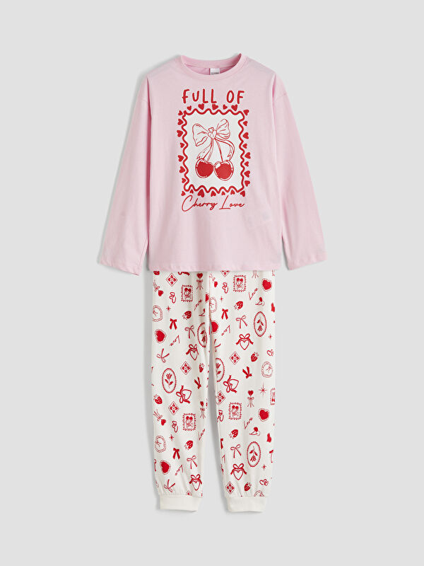 LCW Kids Bisiklet Yaka Baskılı Kız Çocuk Pijama Takım