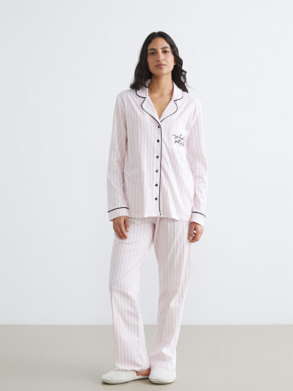 LCW DREAM Für Damen Besticktes Pyjama-Set mit Kragenhals