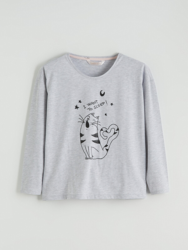 LCW DREAM Bisiklet Yaka Kedi Baskılı Kadın Pijama Üstü