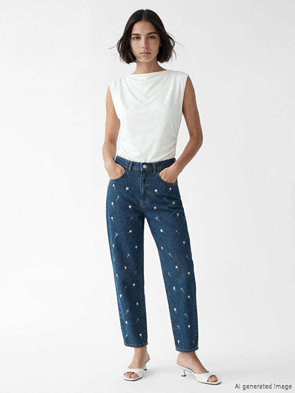 LCW Jeans جينز نسائي موم فيت مطرّز بنقشة ورود
