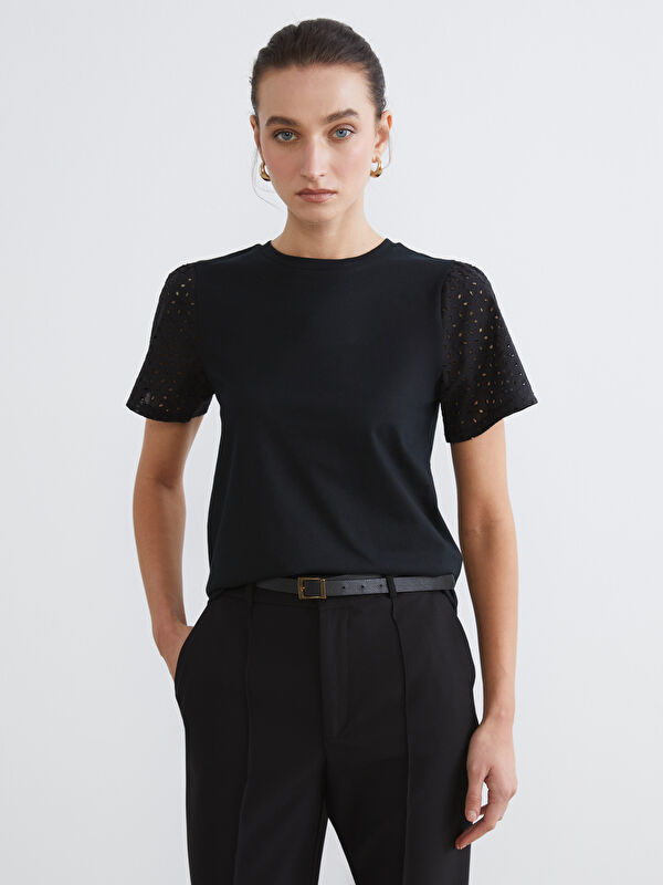 LCW Comfort Rundhalsausschnitt Spitzenbesetzte Bluse