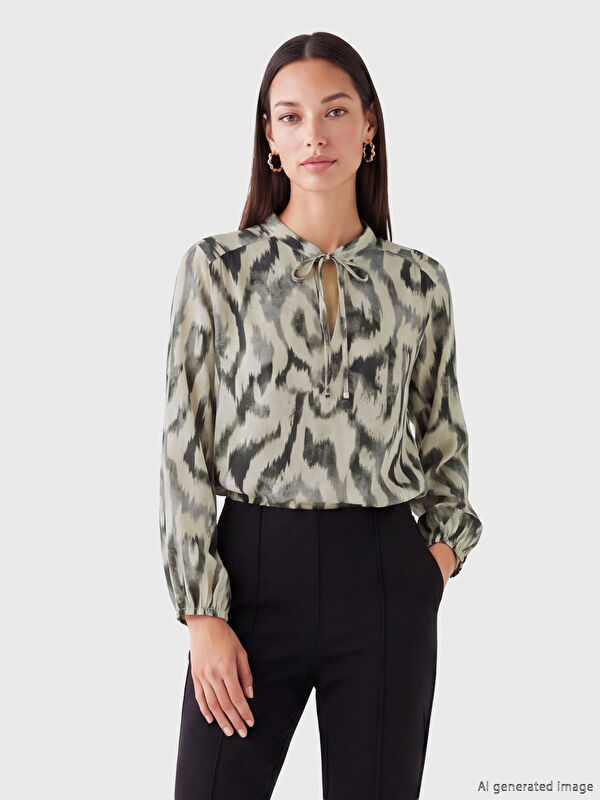 LCW EVERYDAY Women's Grandad Collar Patterned Tie Detail Blouse