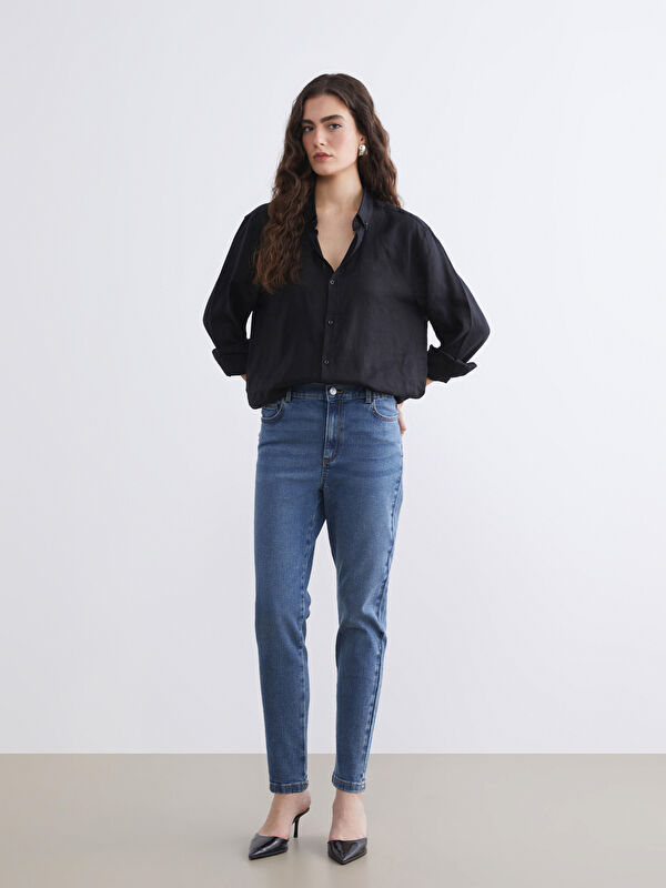 LCWAIKIKI Classic Beli Lastikli Slim Mom Kadın Jean Pantolon	