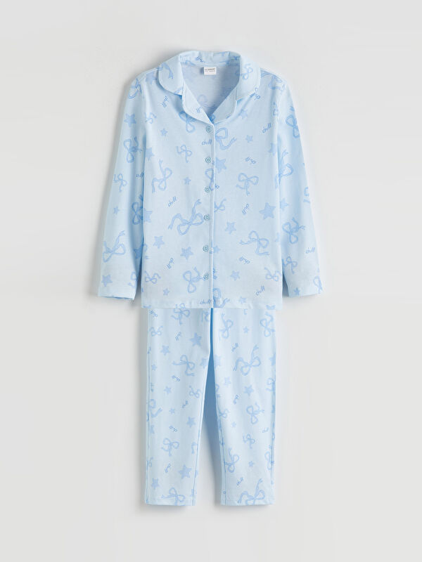 LCW Kids Gömlek Yaka Fiyonk Desenli Kız Çocuk Pijama Takımı
