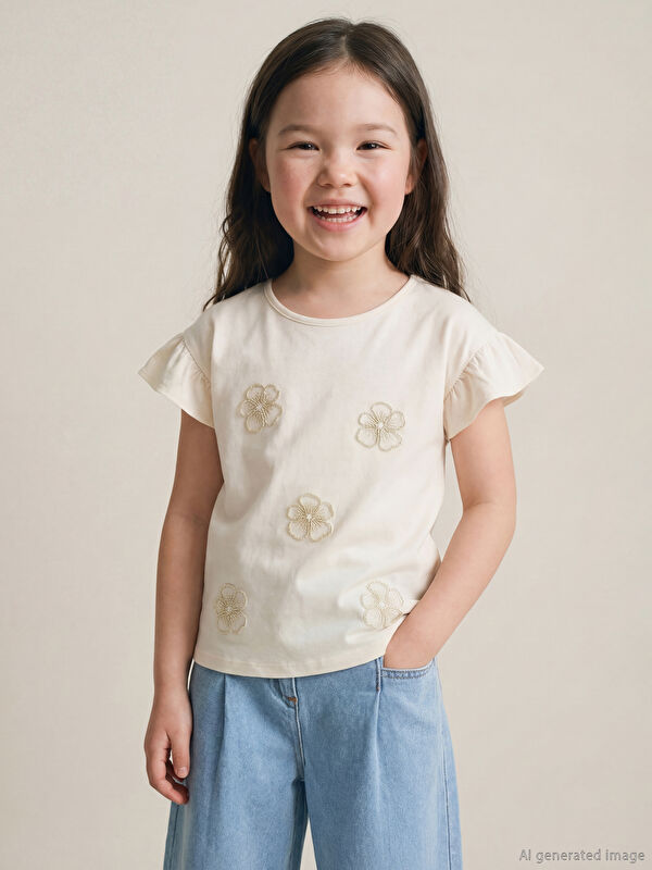 LCW Kids Çiçek İşlemeli Kız Çocuk Tişört 