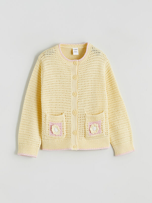 LCW Kids Қыздарға арналған кестеленген трикотаж кардиган дөңгелек жағалы