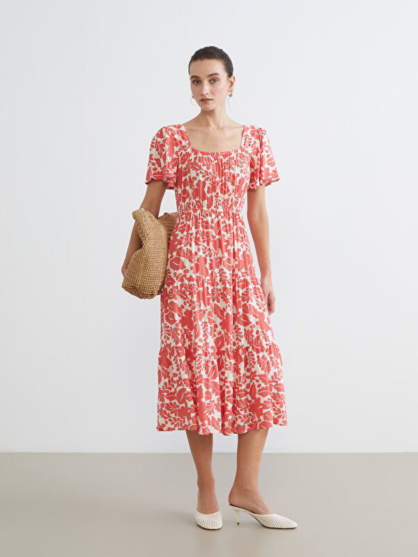 LCW Comfort Square Neck Floral Fitted Waist Women's Maternity Dress