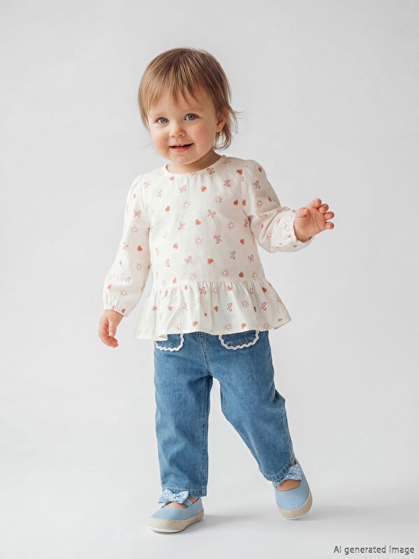 LCW baby Kız Bebek Desenli Bluz ve Jean Pantolon