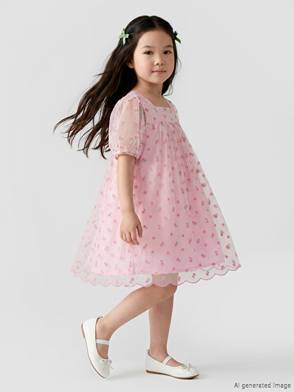 LCW Kids Kare Yaka Çiçekli Kız Çocuk Tül Elbise