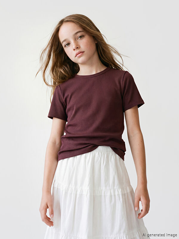 LCW Kids дөңгелек жағалы қыздарға арналған рельефті футболка