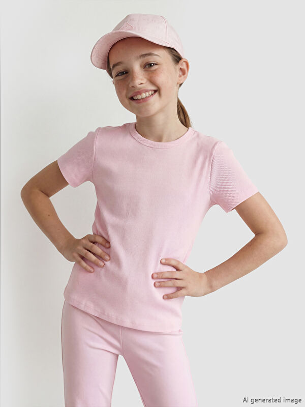 LCW Kids Bisiklet Yaka Kız Çocuk Fitilli Tişört