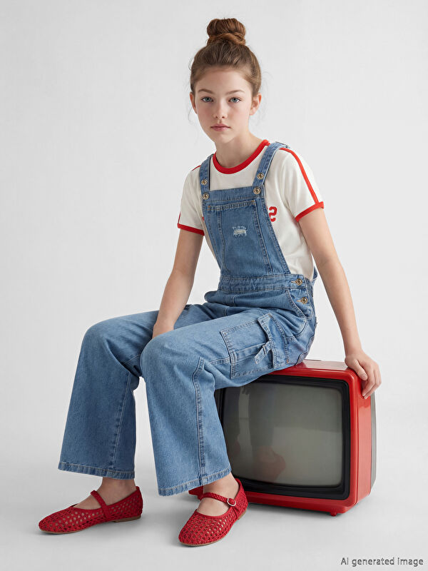 LCW Kids Girls' Cargo Jean Dungarees with Ripped Detail