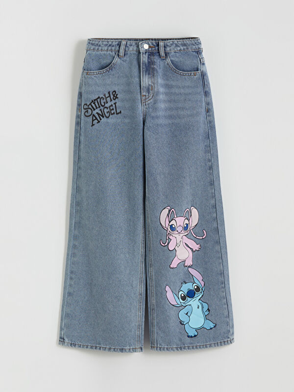 LCW Kids Wide-leg Stitch and Angel Print Girl's Jean Pants