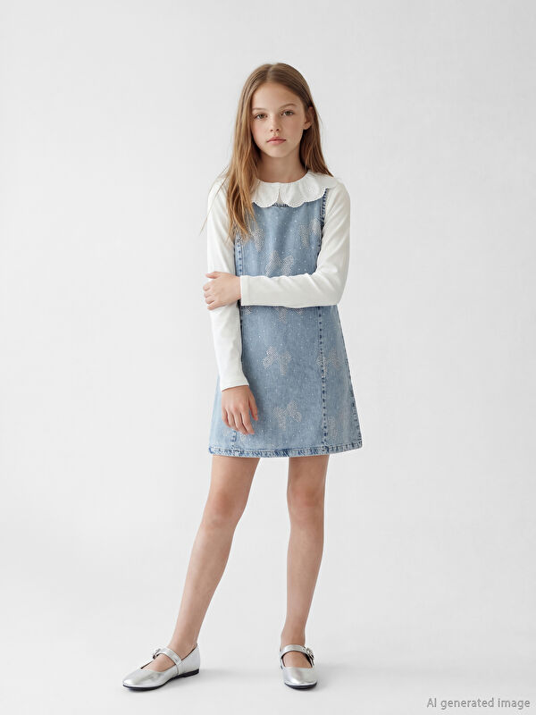 LCW Kids Fiyonk Taşlı Kız Çocuk Jean Elbise