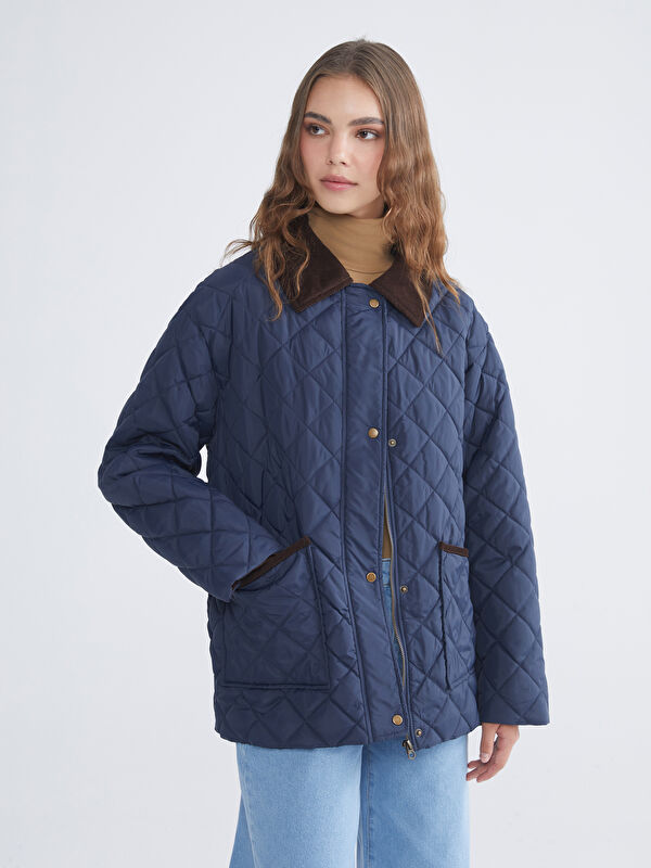 LCW Modest Kadife Gömlek Yaka Oversize Kadın Şişme Mont