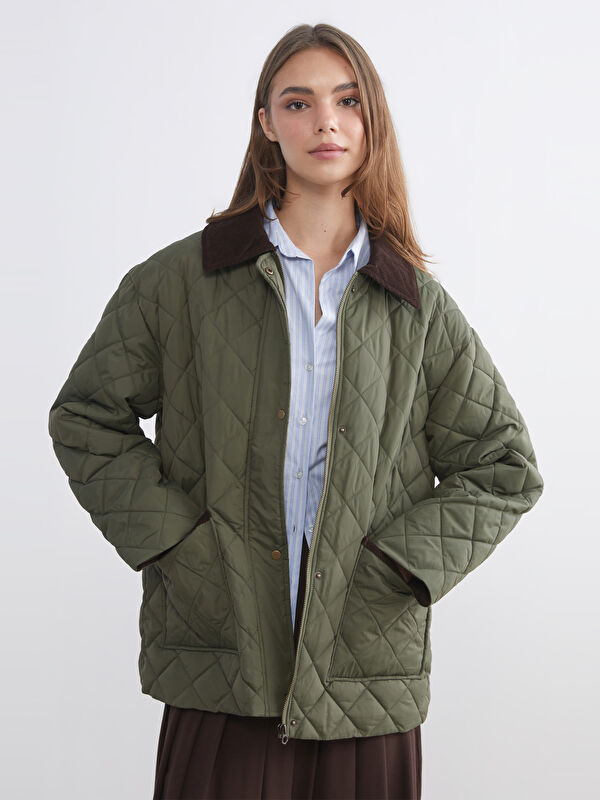 LCW Modest Kadife Gömlek Yaka Oversize Kadın Şişme Mont