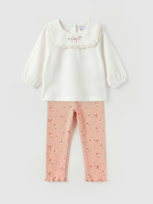 LCW baby Crew Neck Floral Baby Girl Muslin T-Shirt and Leggings Set