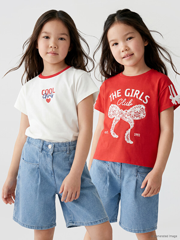 LCW Kids تیشێرتی قۆڵ خڕ چاپکراوی کچان ٢ دانە