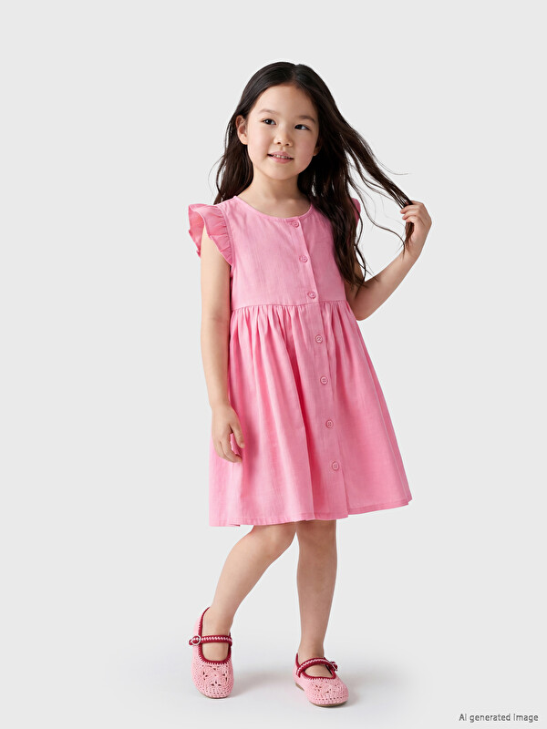 LCW Kids Kız Çocuk Fırfırlı Keten Görünümlü Elbise