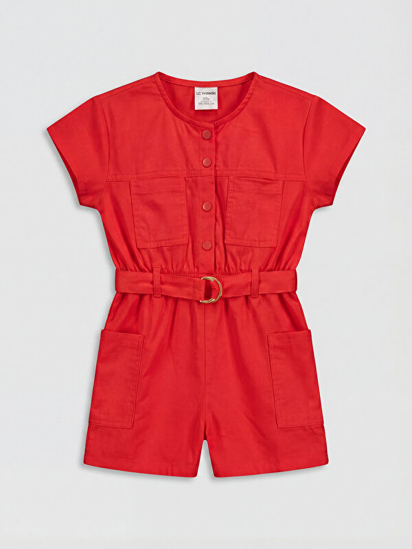 LCW Kids Crew Neck Belted Girls' Gabardine Jumpsuit