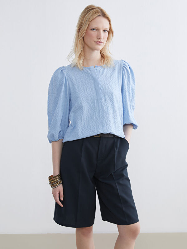 LCW EVERYDAY Crew Neck Textured Balloon Sleeve Blouse