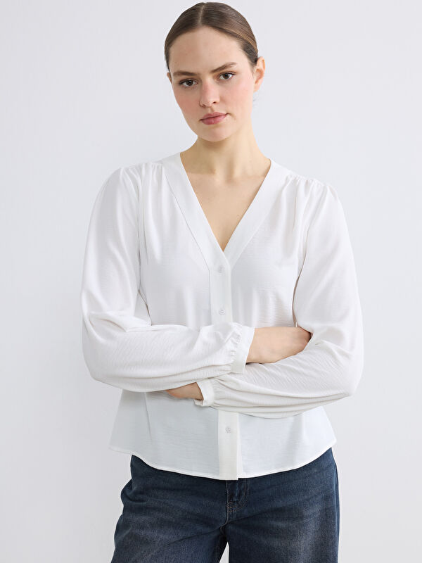 LCW EVERYDAY V Neck Textured Blouse
