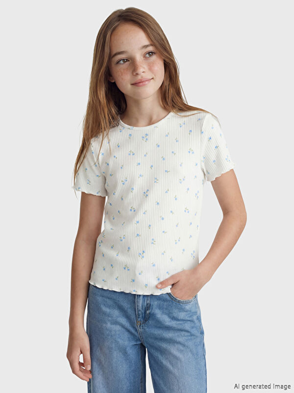 LCW Kids Çiçekli Kız Çocuk Fitilii Tişört