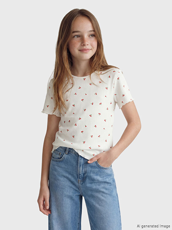 LCW Kids Kiraz Baskılı Kız Çocuk Fitilli Tişört