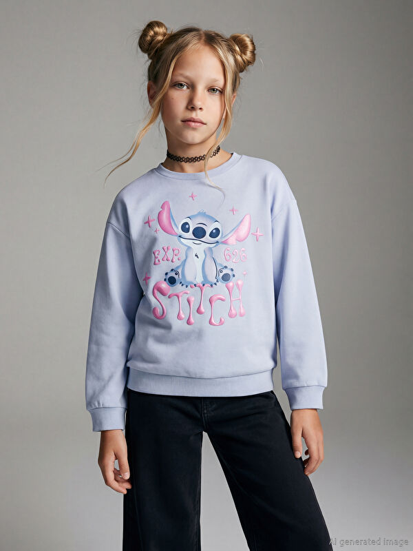 LCW Kids Stitch Baskılı Kız Çocuk Sweatshirt