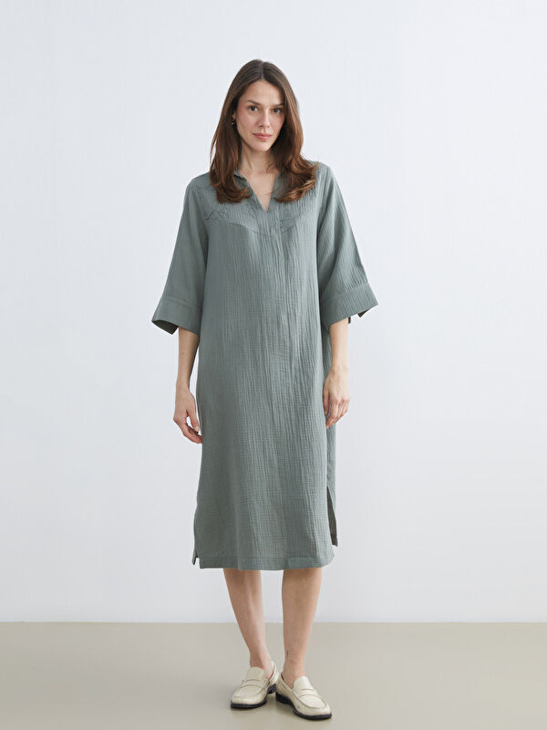 LCW Grace Collared Neck Embroidered A-Line Muslin Dress