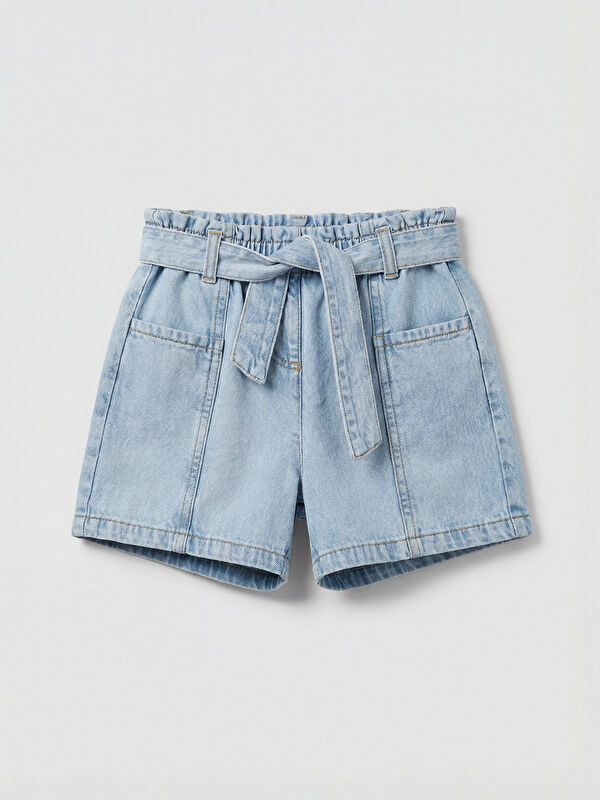 LCW Kids Elastic Waist Belted Girls' Jean Shorts