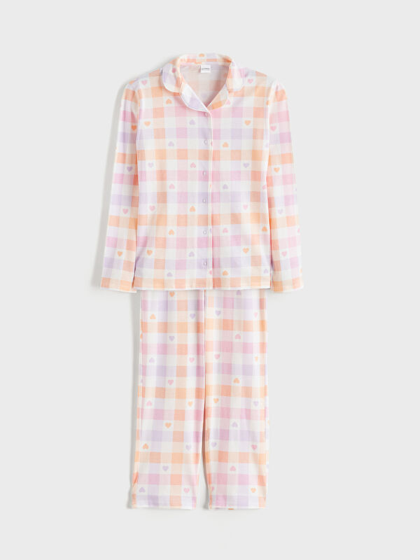 LCW Kids Collared Neck Patterned Girls' Pyjamas Set