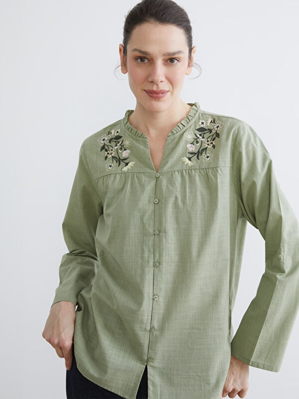 LCW Grace Floral Embroidered Women's Shirt with a Ruffled Stand-Up Collar.