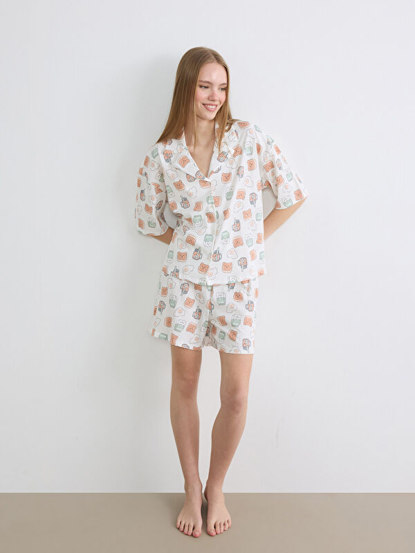 LCW Young Gömlek Yaka Desenli Kadın Şortlu Pijama Takımı
