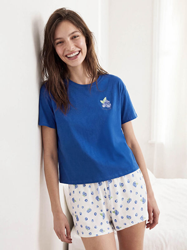 LCW DREAM Rundhalsausschnitt Besticktes Kurzes Pyjama-Set für Damen