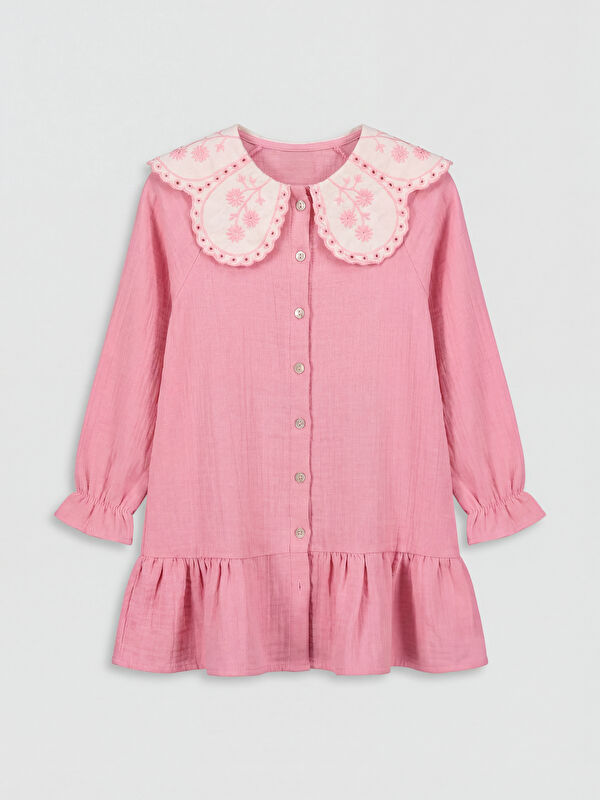LCW Kids Peter Pan Collar Embroidered Girls' Muslin Dress